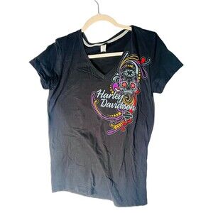 Harley-Davidson Calavera Skull Graphic Tee Women's med V-Neck Short Sleeve Shirt